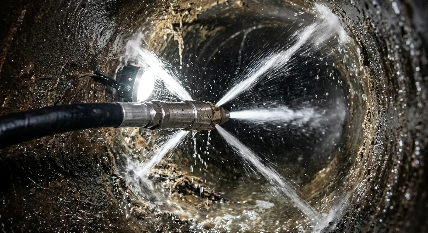 High-pressure hydro jetting nozzle cleaning sewer pipe for Sewer Cleanout in Marblehead