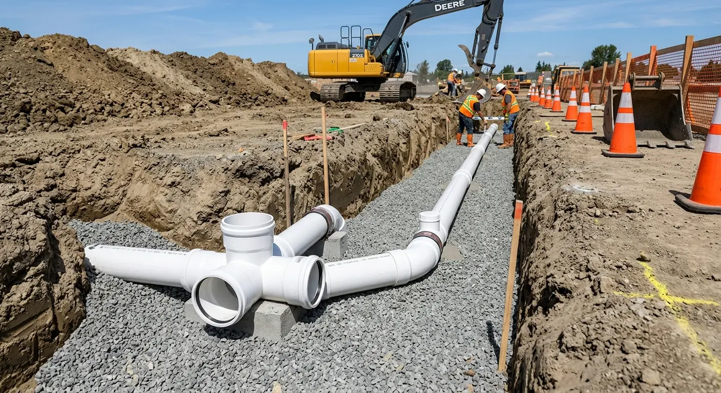 New PVC sewer pipe installation in open trench for Sewer Backup in Marblehead