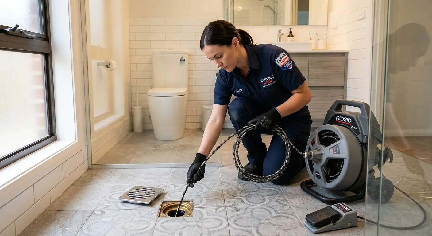 Technician clearing a bathroom floor drain for Drain Cleaning in Marblehead